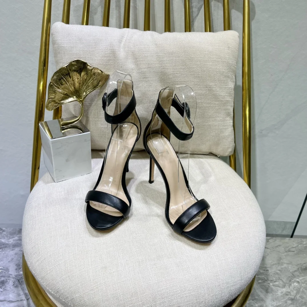 2024 Summer New Genuine Leather High Heels Women's One line Buckle Pointed Thin Heels Versatile Simple Open Toe Sandals