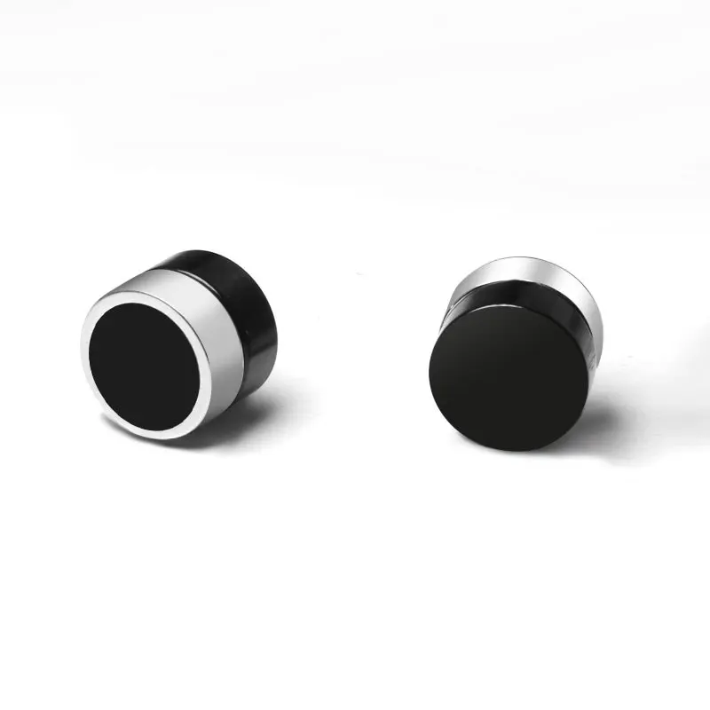 Trendy Titanium Steel Magnet Single Ear Clips for Men Women Without Piercing Black Round Cake Earrings Stainless Steel Jewelry ear clip earrings,clip earrings,ear clip,magnetic earrings