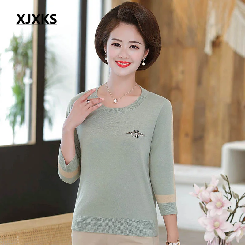 

XJXKS 2022 Spring Autumn Latest Wool Knitted Pullover Women's Thin Sweater Comfortable Three-quarter Sleeve Top Sueters De Mujer