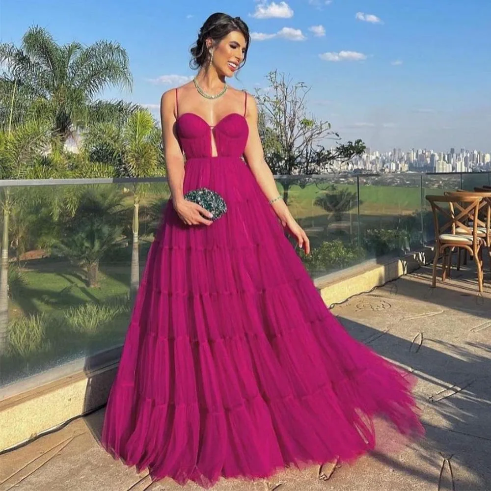 

Sevintage Fuschia Tulle Prom Dresses Sweetheart Spaghetti Strap A-Line Pleat Ruched Evening Gowns Special Occasion Gown 2023