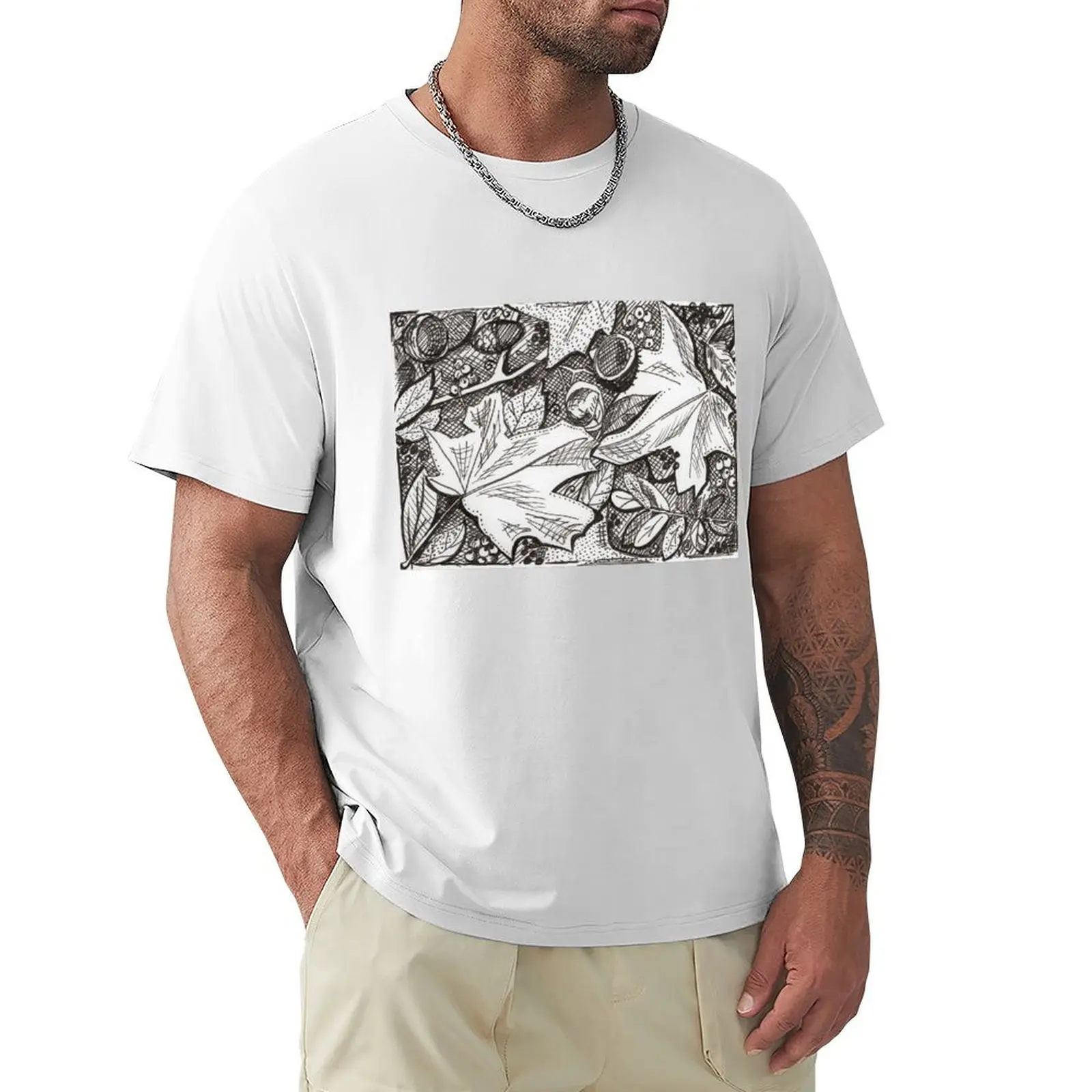 

Autumn leaves and acorns fall. Ink illustration. T-Shirt graphics blanks T-shirts for men cotton
