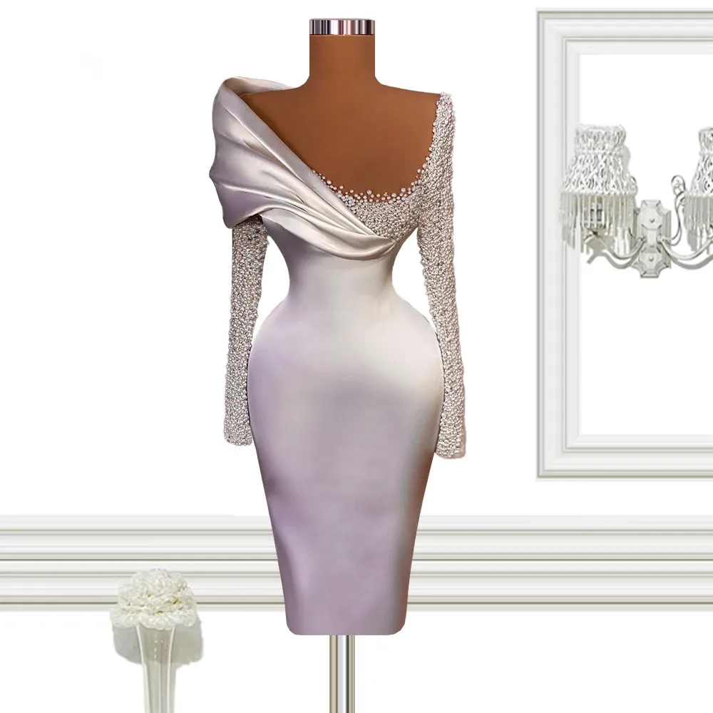 Luxury Cocktail Dresses Sheath Long Sleeves Knee Length Pearls Elegant Homecoming Dresses Haute Couture Customized