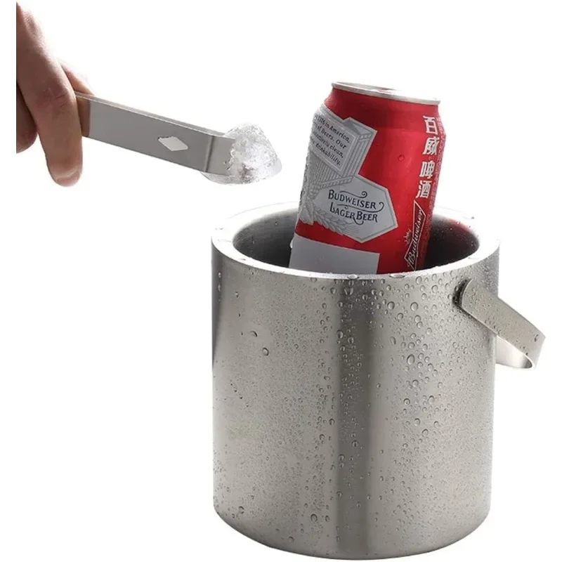 2.0L/3.0L Ice Bucket with Lid Strainer Tong Double Walled Stainless Steel Insulated Ice Bucket Container Cooler Good Sealing