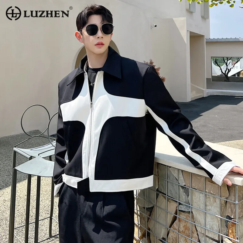 

LUZHEN Fashion Jackets Contrast Autumn Geometric Trend Color Men's Casual Short Coat Korean Style Zipper Loose Outwear 2ee935