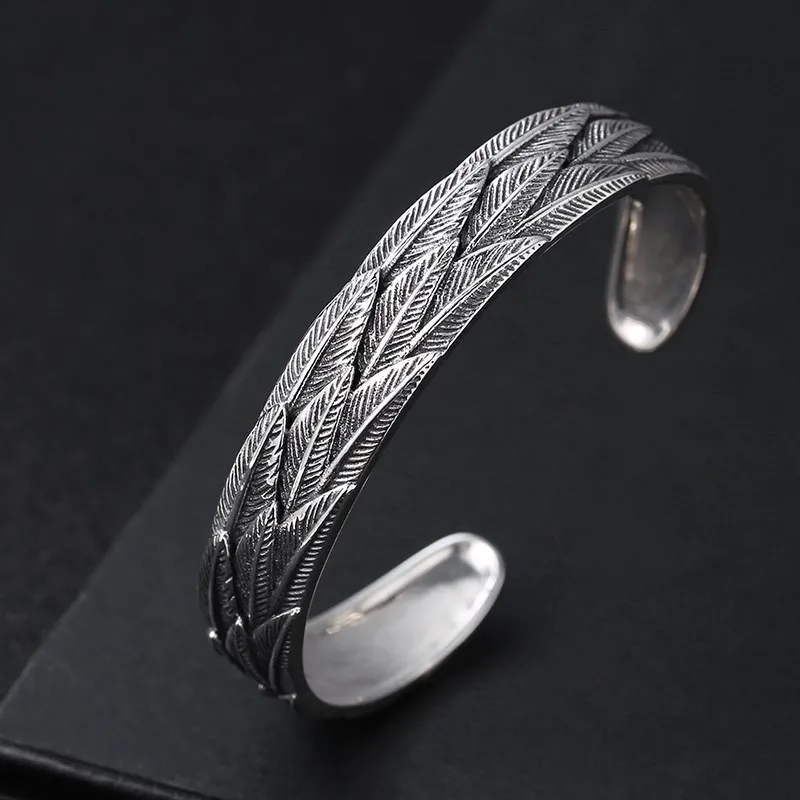 

S925 Sterling Silver Unisex Personalized Leaf Feather Open Bracelet Thai Silver Retro Trendy Ethnic Style Bracelet