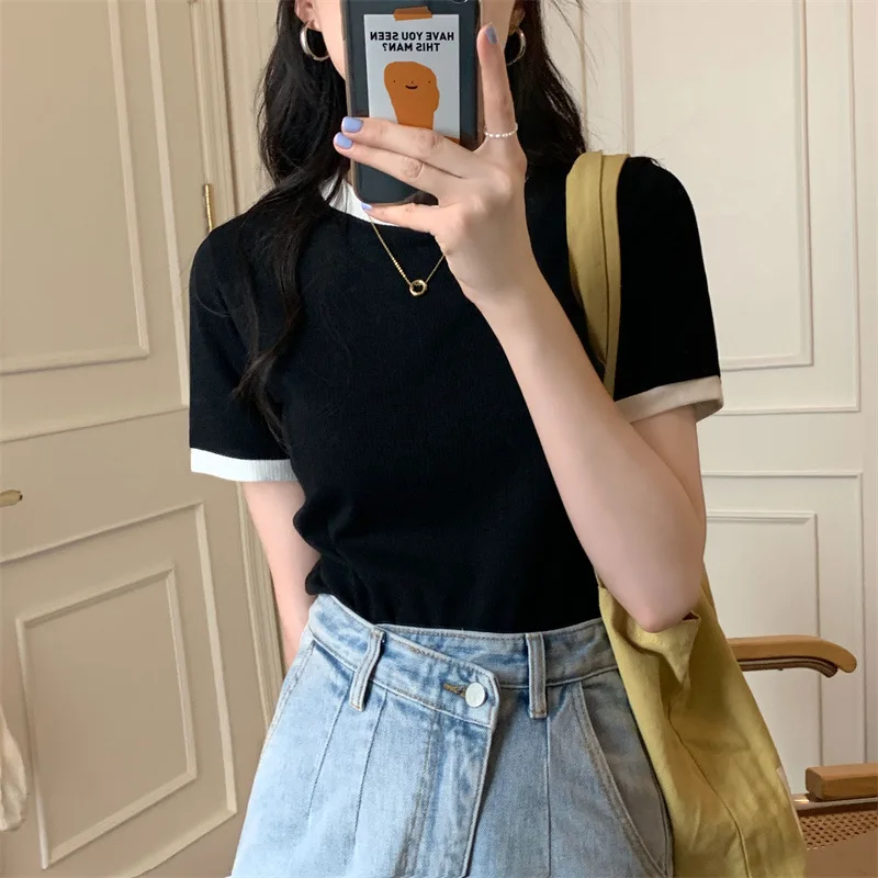 Summer New Crop Tops Fashion Women Slim O-Neck Patchwork Solid Y2K Women's Tops Casual Sweet Vintage Short Sleeve T-shirts 2025 4