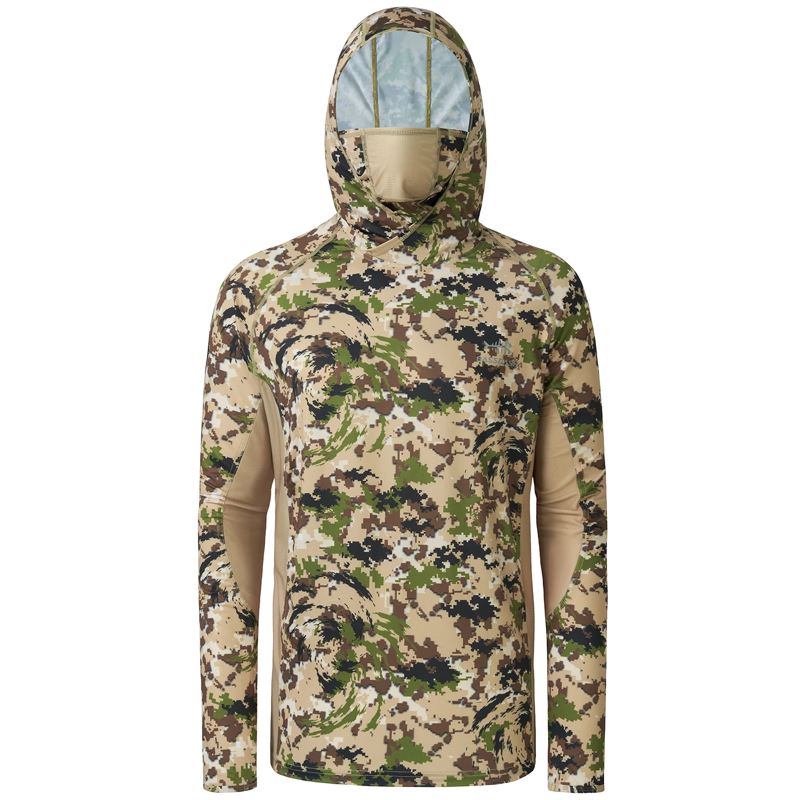 Bassdash Camo Fishing Hoodie for Men Sun Protection Face Mask UPF 50+ Hunting Long Sleeve Shirt tactical shirt