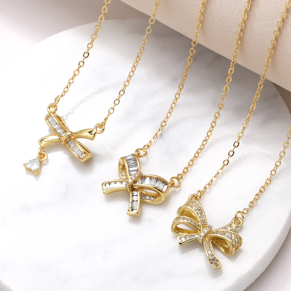 

FLOLA Tiny Clear Crystal ожерелья с бантами для женщин позолоченные ювелирные изделия вечерние Gifts nkew63