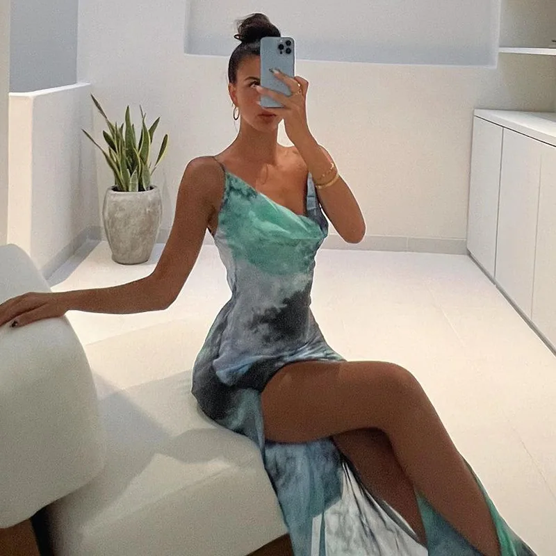 

2023 Chiffon Print Slips Backlesss See Through Sexy Slim Maxi Dress Summer Women Fashion Y2K Beach Vacation Clothes