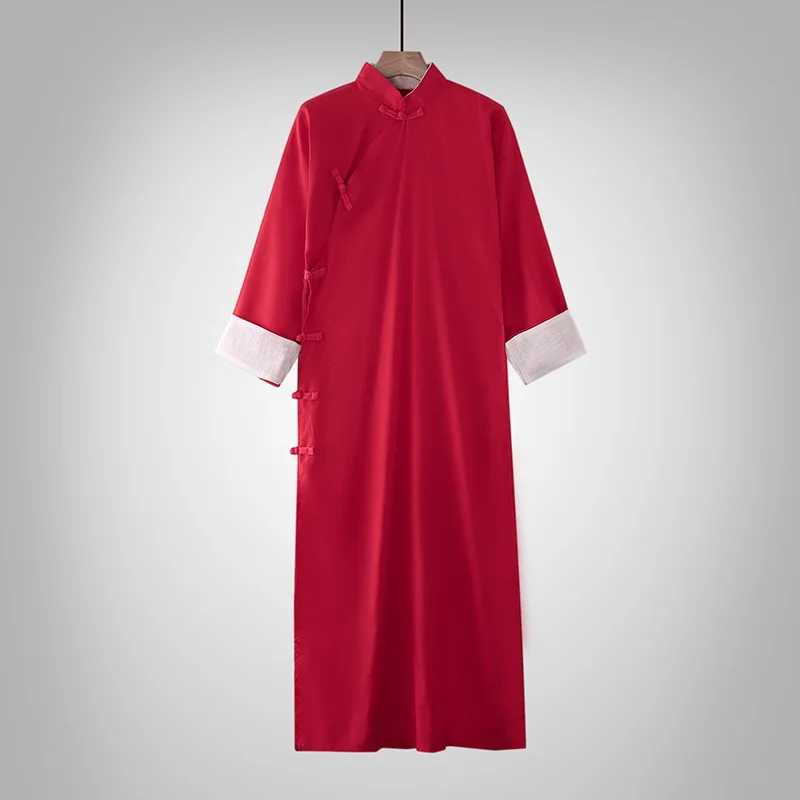 Traditional Chinese Style Dress for Men Cheongsam Hanfu Linen Long Robes Zen Tea Kungfu Tangsuit Performance Cross Talk Costume