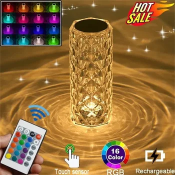 LED 크리스탈 테이블 램프 장미 빛 프로젝터 터치 로맨틱 다이아몬드 분위기 조명, 침실용 USB LED 야간 조명, 3/16 색