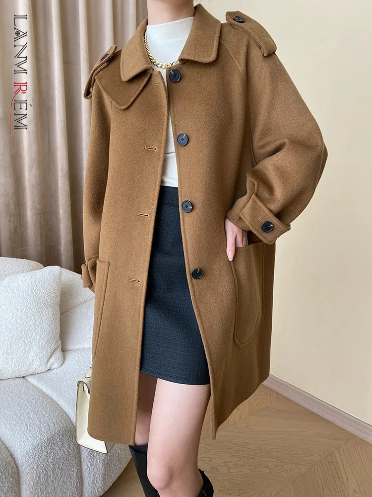 

[LANMREM] Elegant Woolen Outwear For Women Solid Lapel Single Breasted Long Sleeve Fashion Female Coats 2023 Winter New 26D5889