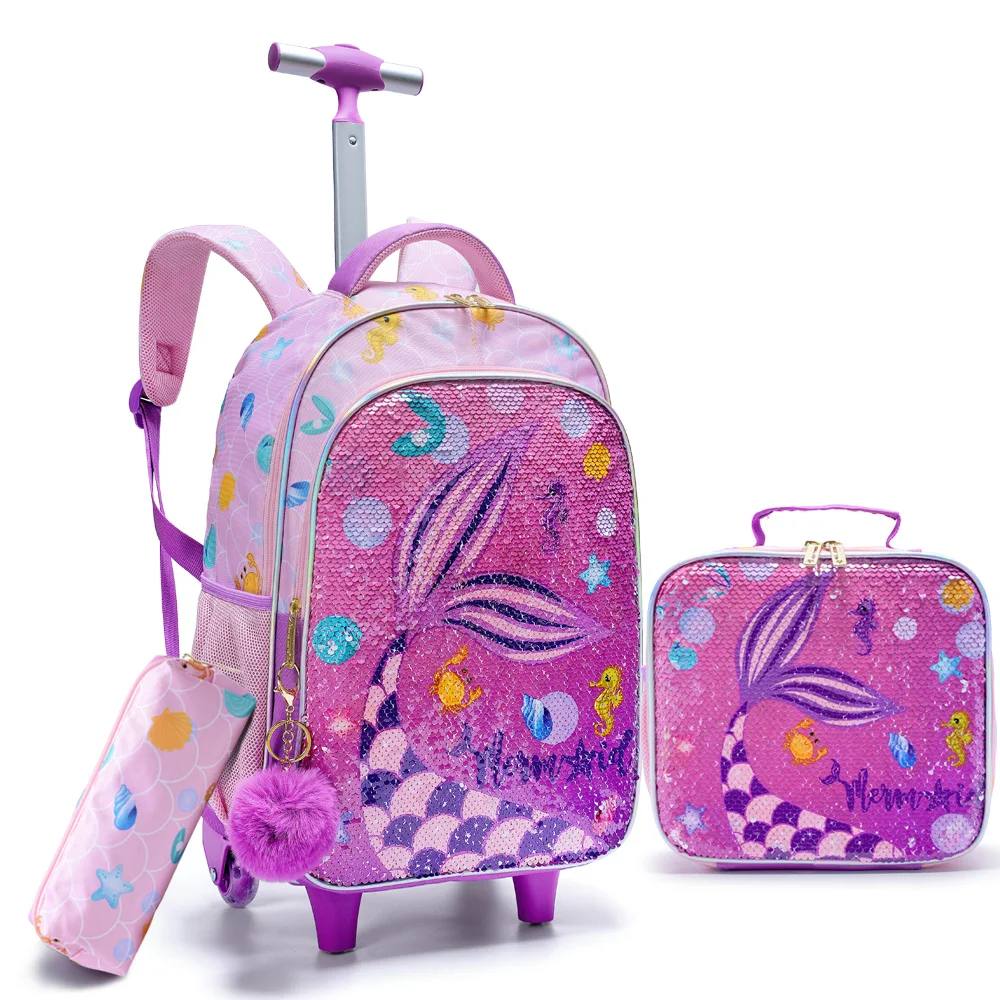 BLING BABIES 3PCS set Rolling Backpack For Girls, Cute Cartoon