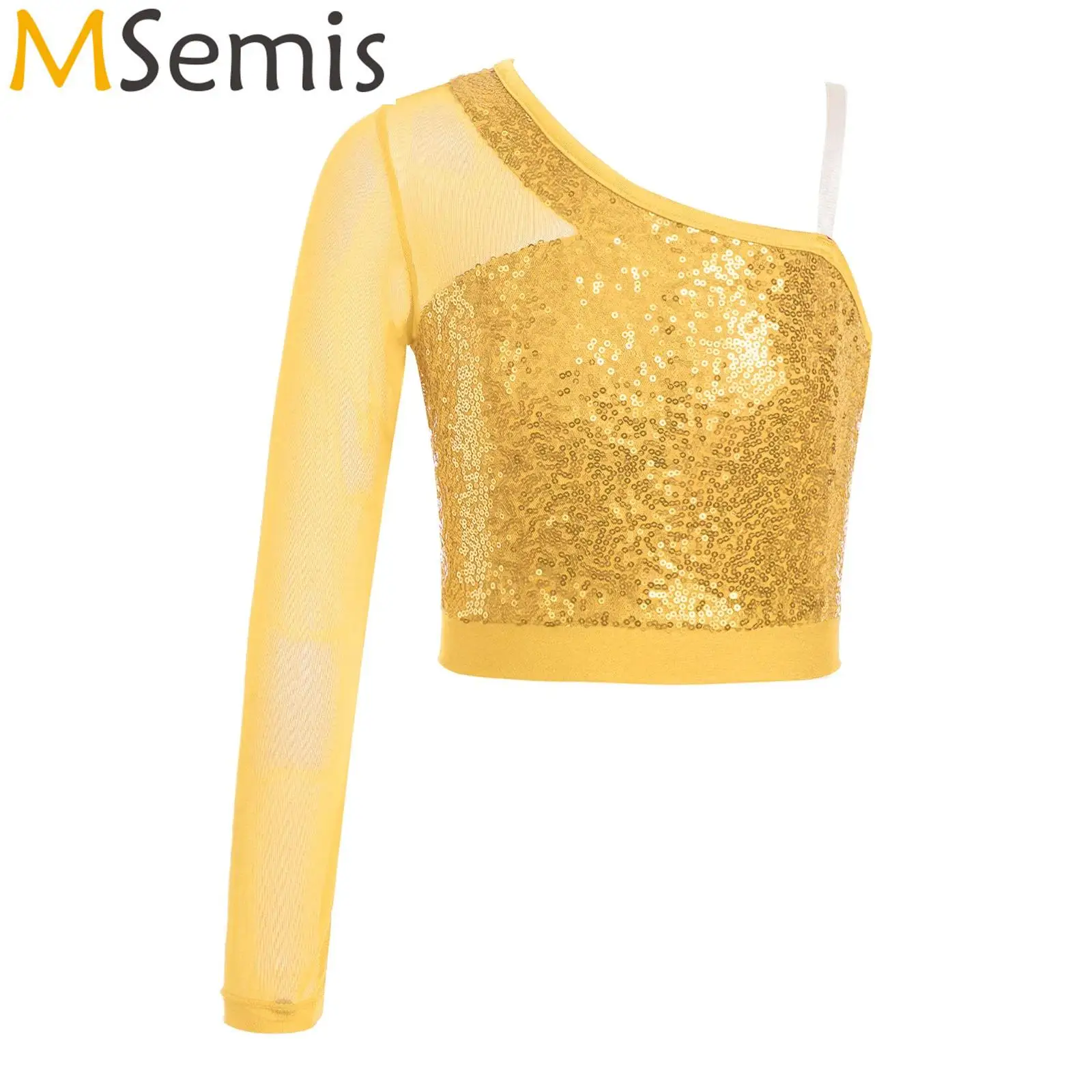 

Kids Girls Hip Hop Jazz Dance Performance Top Costume Long Sleeve Athletic Glitter Sequins Crop Top for Ballet Latin Dancing