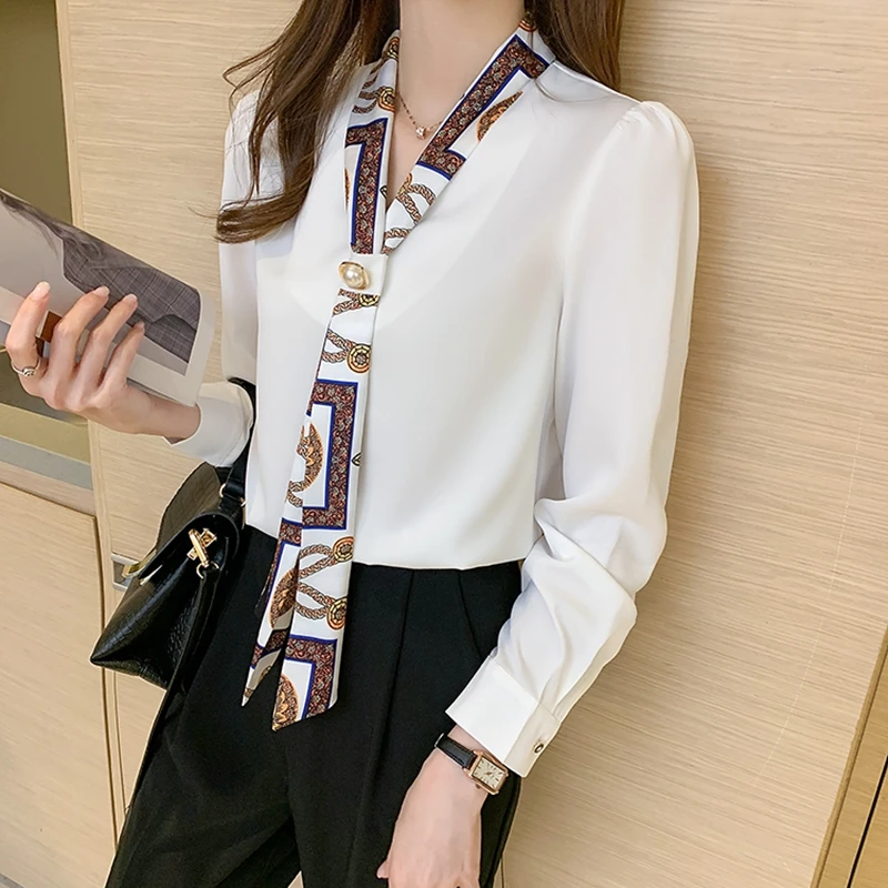 

Spring Summer White Chiffon Simple Office Lady Blouse Female Shirt Bow Tops Long Sleeve Casual Korean OL Loose Blouses Women