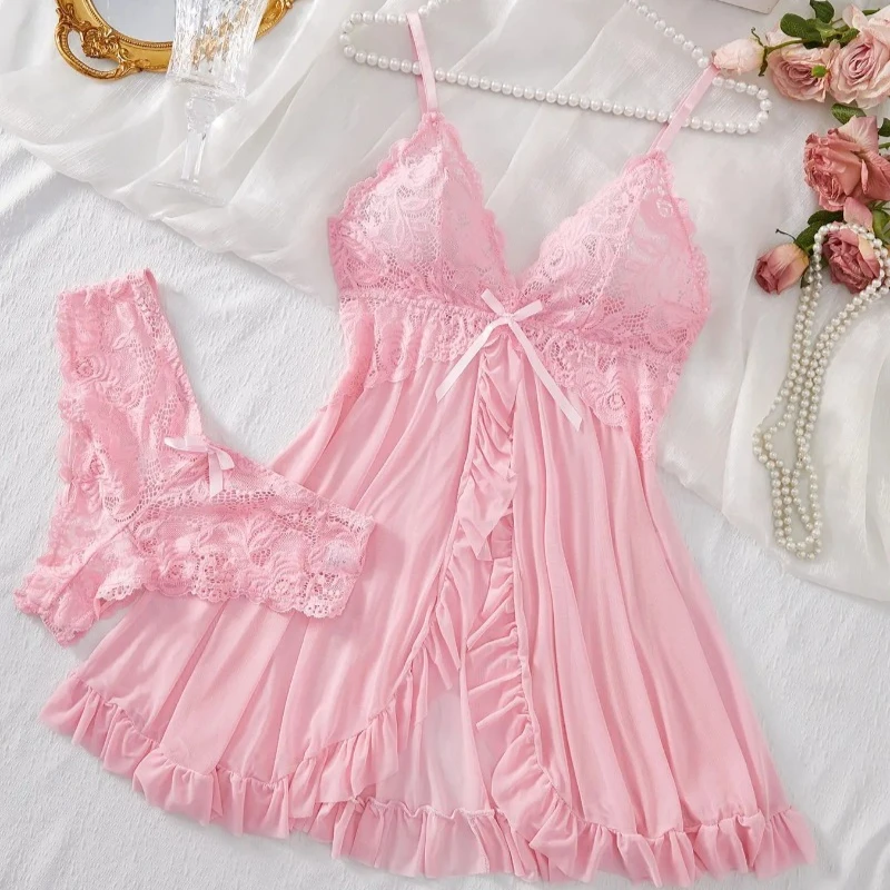 Ensemble de Lingerie Sexy pour femmes, soutien-gorge érotique, chemise de nuit, vêtements de nuit en dentelle, couleur unie, Slim, robes douces, col en V, Slip complet, vêtements de nuit et robes