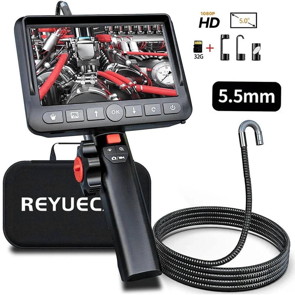 REYUECAM 5 inch IPS Screen Articulating Borescope 5.5mm lens Two-way 420° Steering Endoscope Camera IP67 8 LEDS 32GB Card