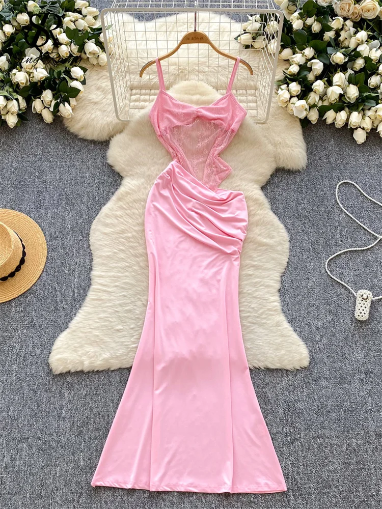 princess polly baby blue dress SINGREINY American Sexy Fishtail Dress Strap Irregular Sheer Mesh Bodycon  Sundress Women Senior Summer Streetwear Long Dress