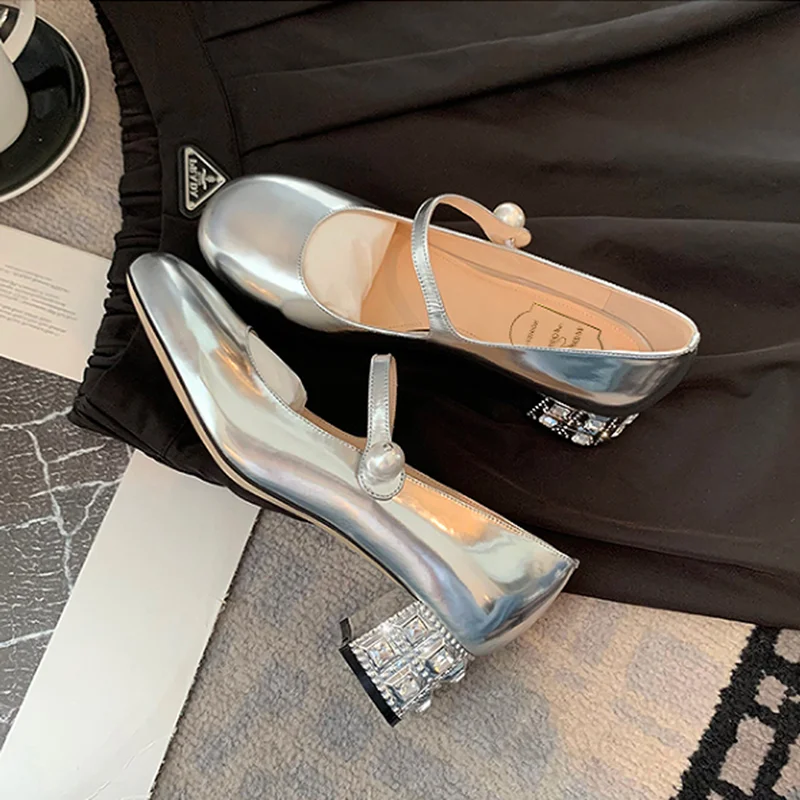

Женские туфли на толстом каблуке, серебристые Туфли Мэри Джейн с круглым носком и ремешком с пряжкой, Уличная обувь на весну