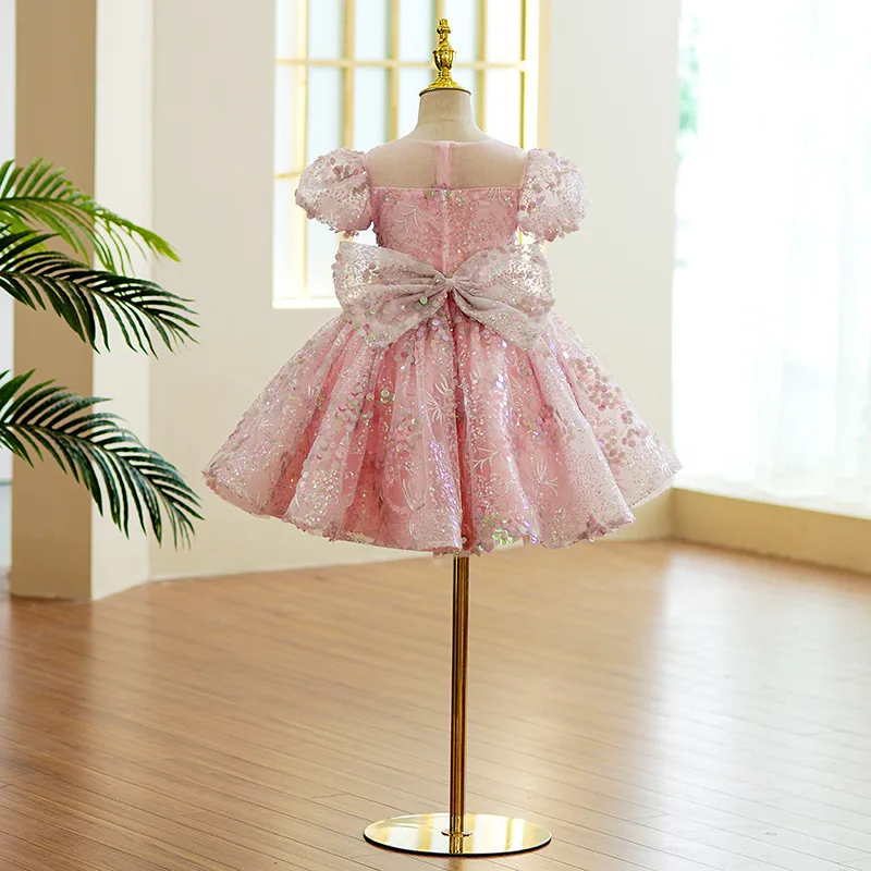 Elegant Girls Flower Puff Sleeve Dresses for Weddings Kids Formal Birthday Party Fairy Princess Sequins Children Tulle Vestido