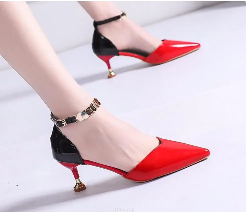 

New Sexy Women Fashion Sweet Pointed Toe Buckles Strap Stiletto Heels Lady Cool Red Party Heel Shoes White Heels sandal Large