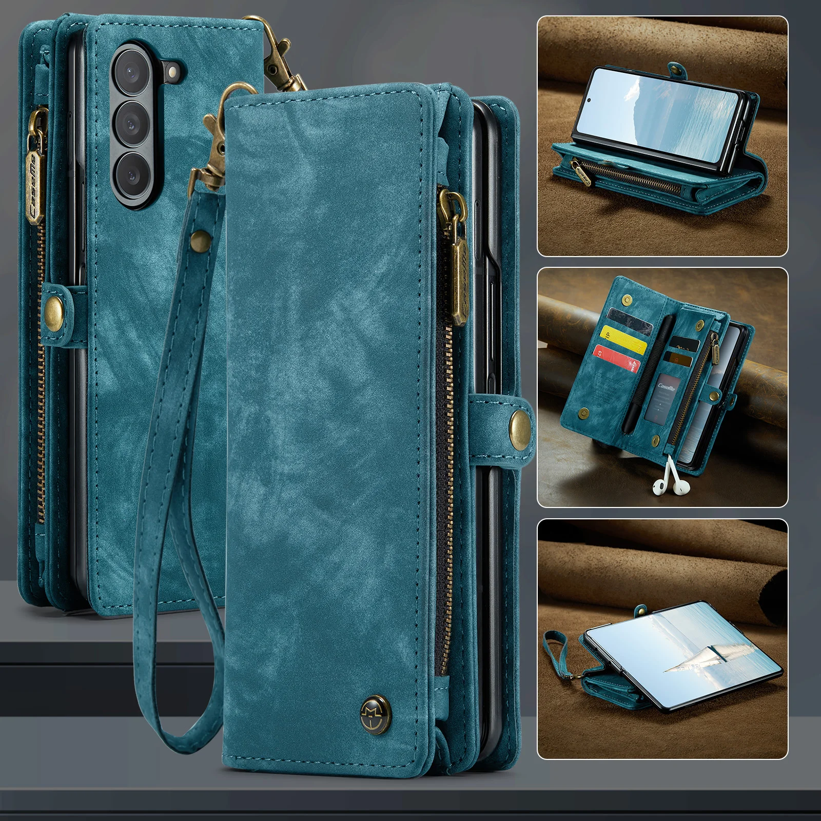 Luxury Zipper Leather Card and Pen Slot Wallet Case Book Cover