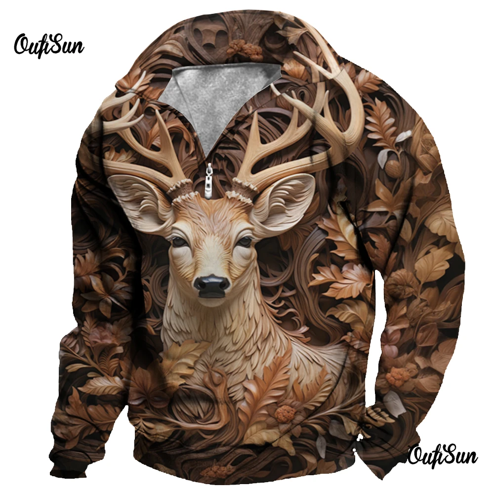 

3d Elk Print Men's Zipper Hoodie Spring Long Sleeve Vintage Sweatshirt Fashion Street Outdoor Oversized Clothing Casual Hoodies