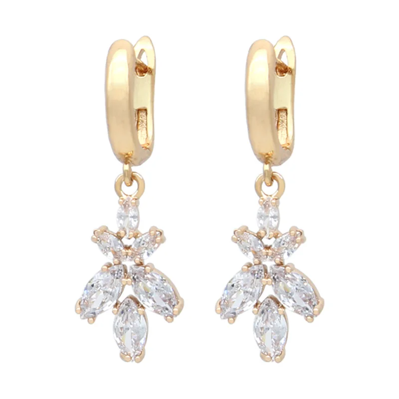 S&Z DESIGN New Fashion White Flower Cubic Zirconia Orchid Dangle Earrings For Women Wedding Champagne Gold Color Jewelry Gift