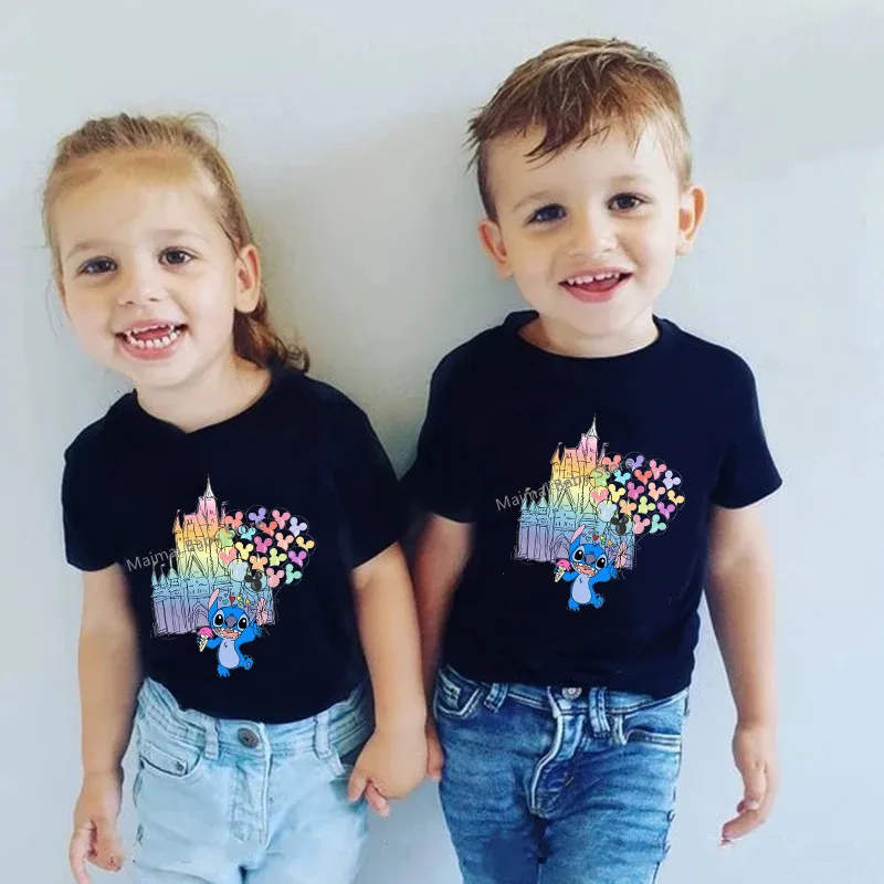 New Watercolor Castle Stitch Print Family Matching Shirts Funny Family Look Dad Mom Kids Tees Tops First Disneyland Trip Outfits 2