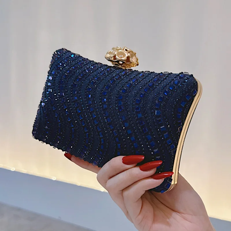 Elegant Navy Blue Clutch Bag for Women, Luxury Diamond Wave