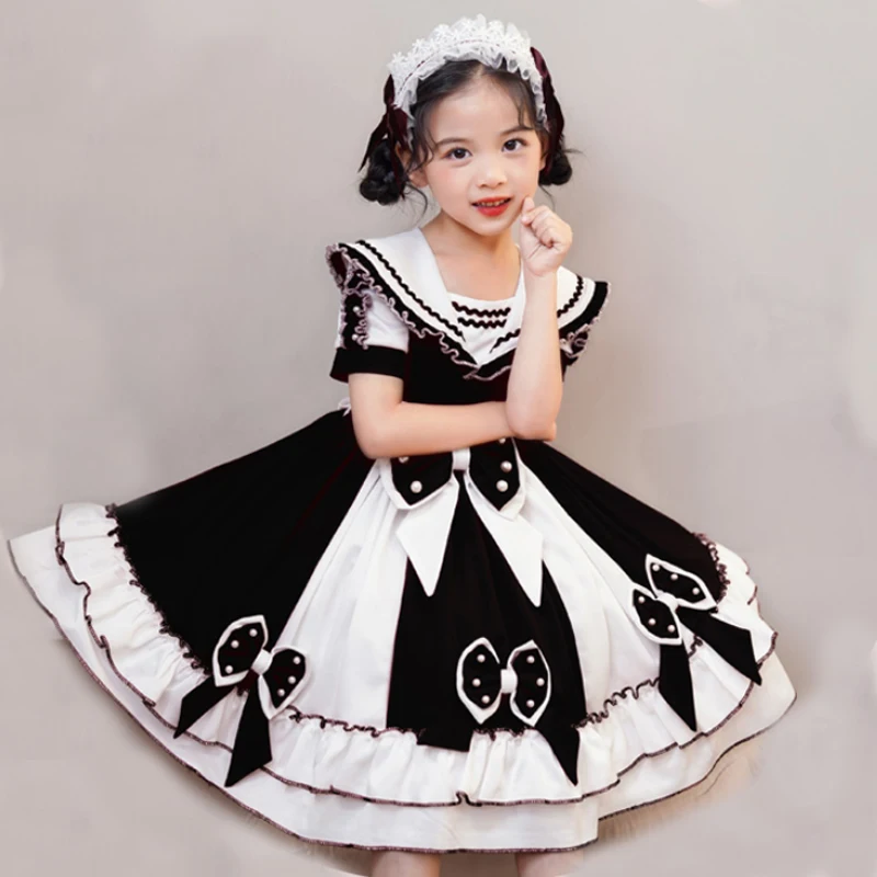 Classic Lolita Costume Cosplay Baby Girl Korean Style Dress With Bow Kawaii For Kids Short Sleeve Elegant Patchwork Hit Color