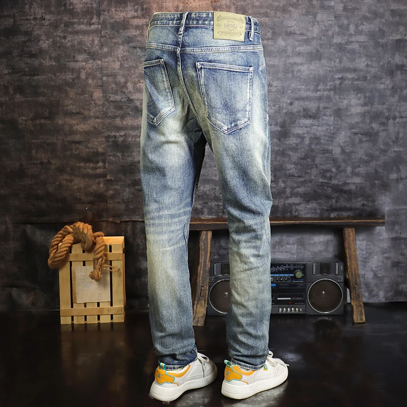Fashion designer men's slit jeans, high-quality retro washed blue elastic slim fit jeans, men's retro casual denim pants