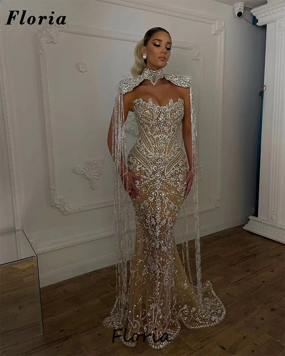 

Beading Long Tassel Evening Dresses Luxury Dubai Strapless Mermaid Prom Dress Crystals Rhinestone Wedding Party Gowns Robes 2024