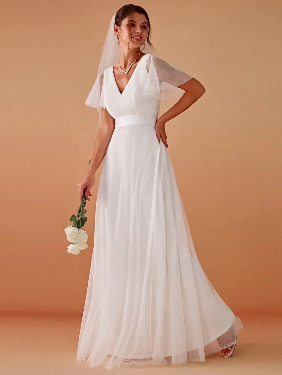 MisShow Elegant Wedding Dresses Ivory White Sexy V-Neck Backless Sheer Short Sleeve Bridal Gowns A-Line Maxi Womens Party Dress 1