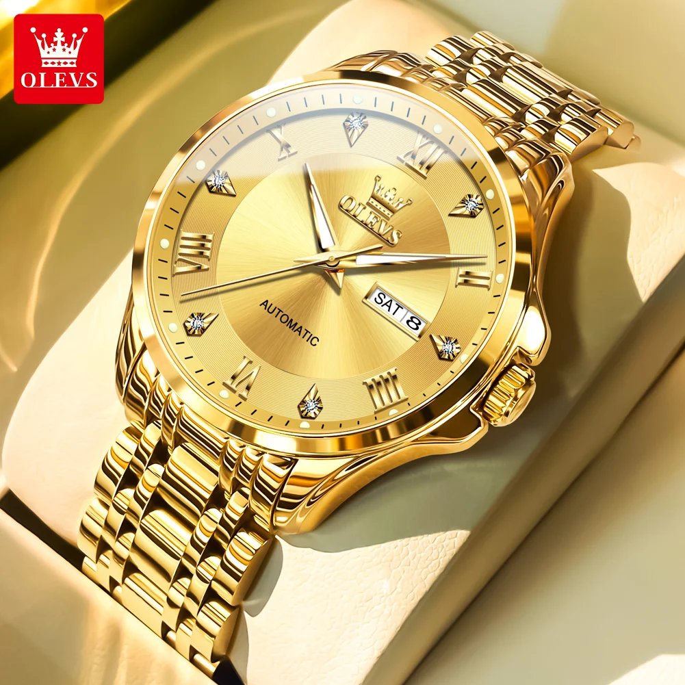 OLEVS 6702 Original Top Brand Gold Watch for Men Waterproof Mechanical Movement Luminous Stainless Steel Mans Wristwatch New