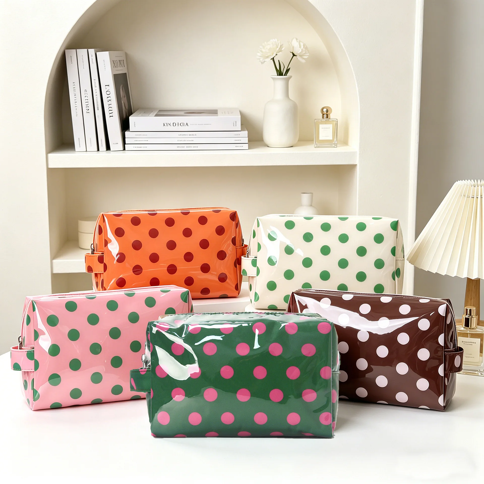 Borsa per il Trucco Vintage a Pois con Manico, Borsa a Pois Bicolore in PVC Impermeabile, Organizer da Viaggio Compatto