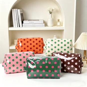 Borsa per il Trucco Vintage a Pois con Manico, Borsa a Pois Bicolore in PVC Impermeabile, Organizer da Viaggio Compatto