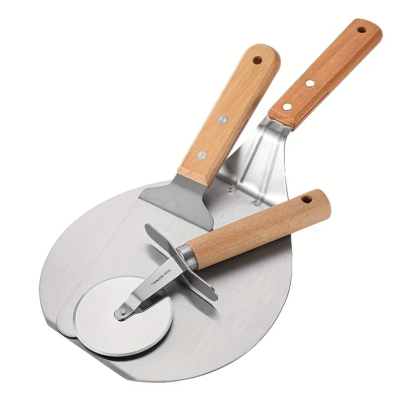 

1/3pcs/set Pizza Cutter Metal Pizza Spatula With Wooden Handle Stainless Steel Pizza Cutter Wheel Kitchen and Baking Supplies
