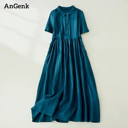 Cotton Short Sleeve Vintage Solid Color Dresses For Women 2023 New Summer Casual Long Holiday Dress Femme Robe Elegant Clothing