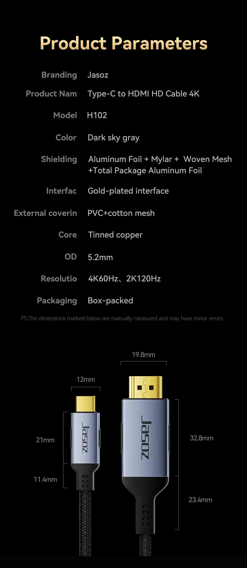 Jasoz typ c zu hdmi kabel adapter 4k 60hz für iphone 15 tv konverter macbook air ipad samsung pixel book xps usb c hdmi kabel – Detail 20