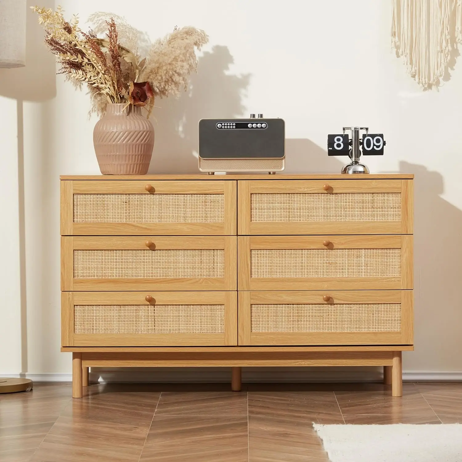 

6 Drawer Rattan Dresser for Bedroom, Modern Wooden Chest of Dressers with Spacious Storage, Beside Table for Closet, Entryway