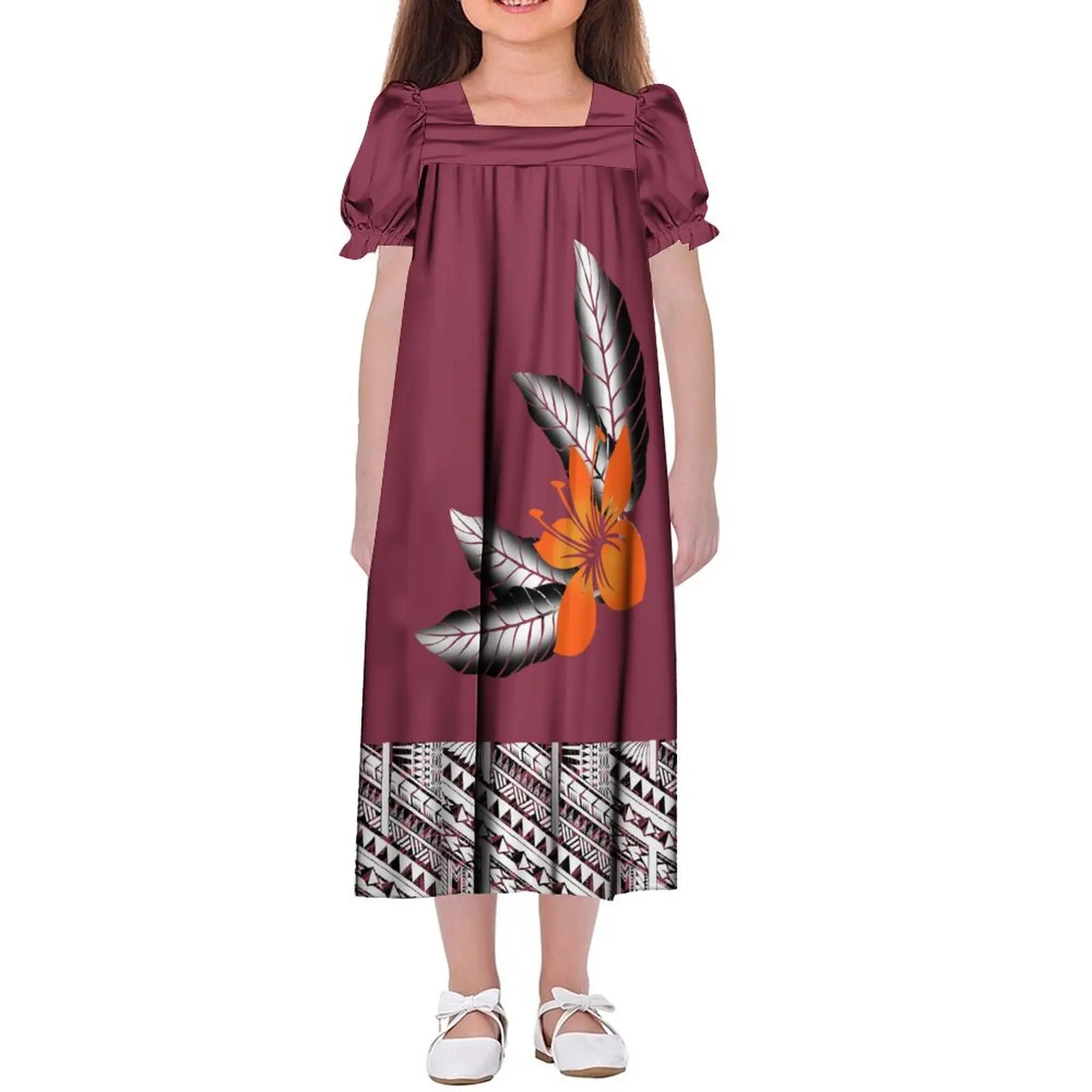 

2024 New Style Summer MUMU Girls Puffy Sleeve Dress Children'S Square Neck Puffy Dress Polynesian Tribe Design 2-16t