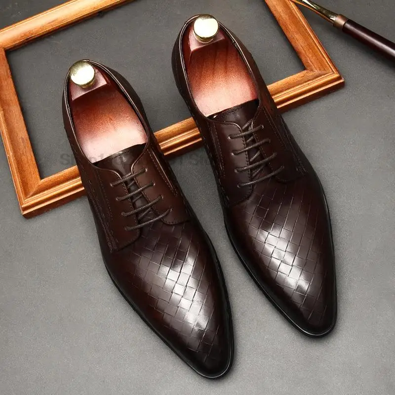 

Туфли-оксфорды мужские из натуральной кожи, роскошные элегантные офисные классические туфли, заостренный носок, на шнуровке, черные бордовые
