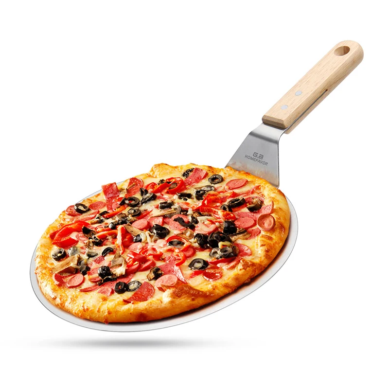 Oak Wooden Handle Pizza Shovel Pastry Tools Pizza Peel Round Stainless Steel Non-stick Paddle Spatula