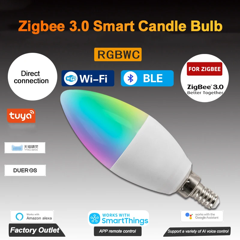 

Tuya E14 E12 Smart Candle Bulb RGBCW 5W LED Lamp Smartthings Remote Control Compatible With Alexa Home