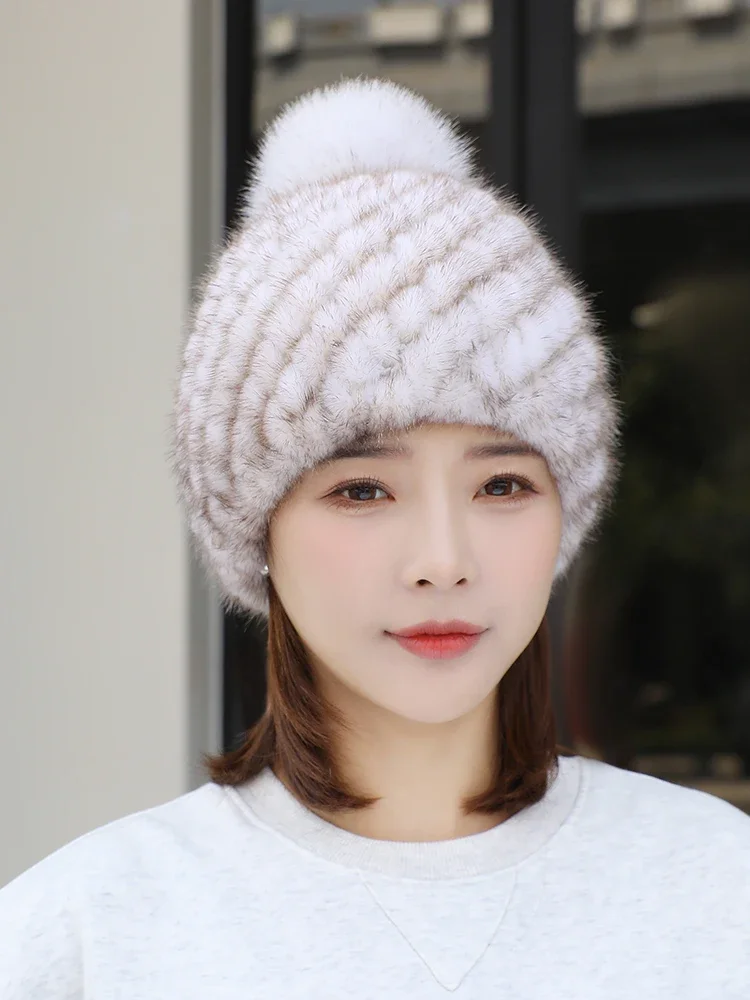Real Mink Fur Hat for Women Female Fur Cap Ladies Winter Trapper