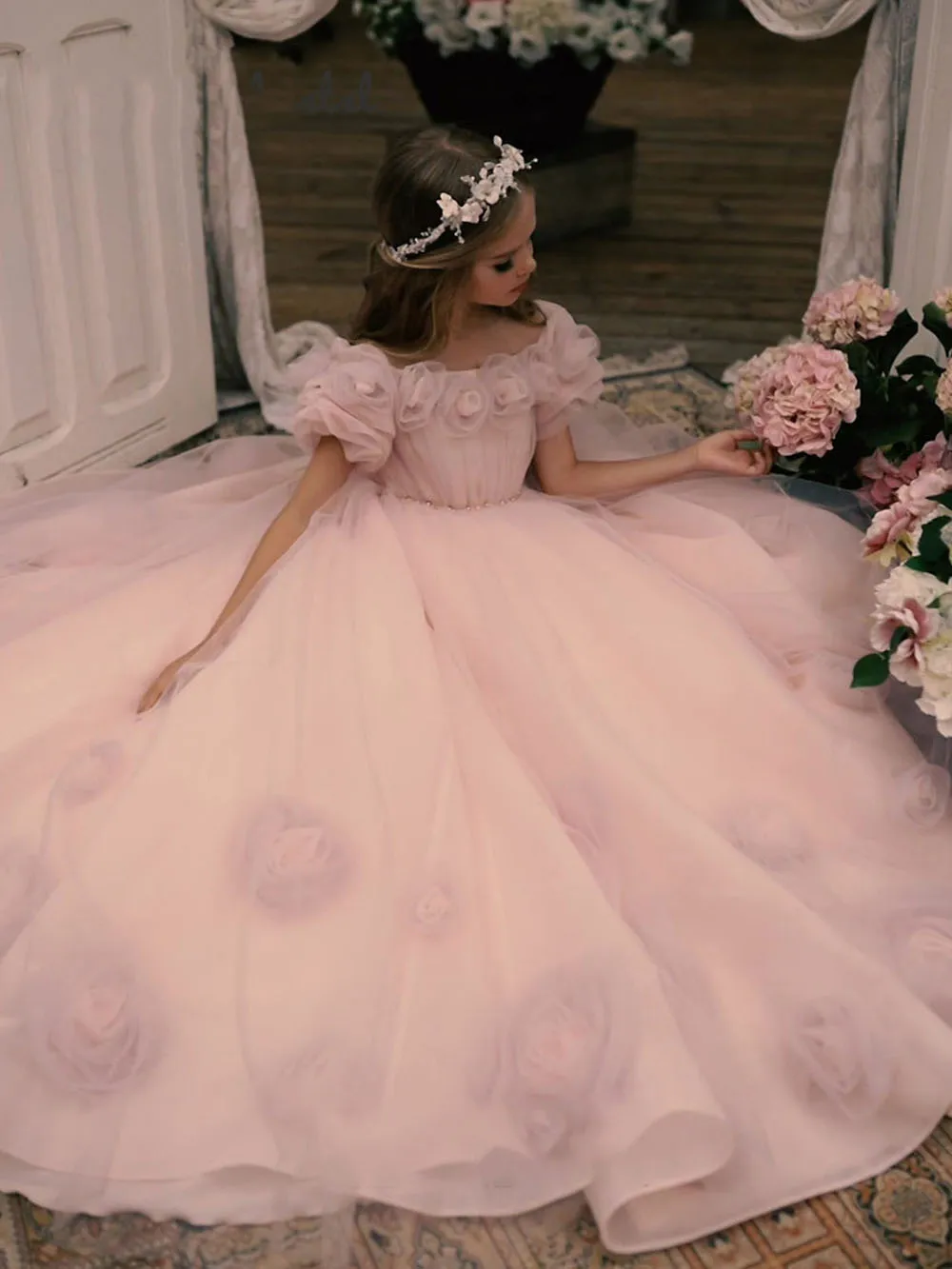 Pink Tulle Flower Girl Dress Wedding Applique Puffy Short Sleeves Princess Dress Birthday Party First Communion Ball Gown