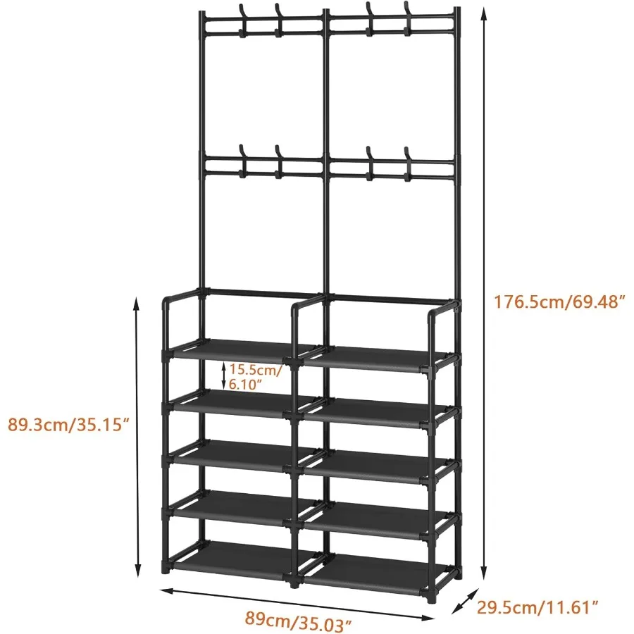 Laiensia 5Tier Entryway Coat Rack Coat and Shoe Rack Entryway Bench Storage Organizer with 8 Hooks for Bedroom Hallway Office B