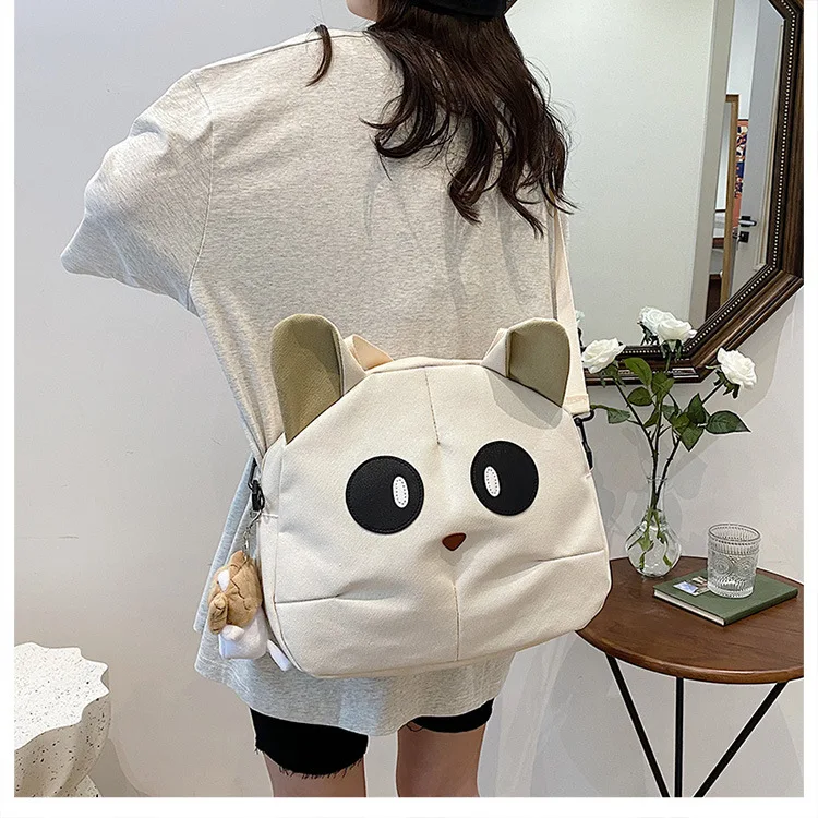 beige color cat canvas tote bag with ears