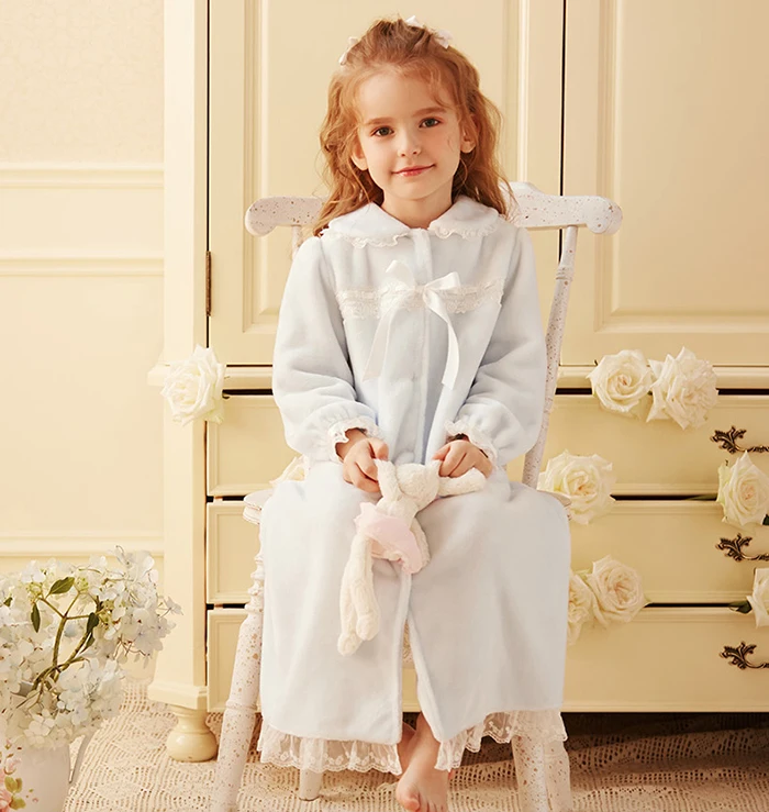 2 Colors Cute Children's Sleepwear Toddler Baby Princess Turndown Collar Flannel Bathrobe Hooded Bath Robes Night-robe Pajamas
